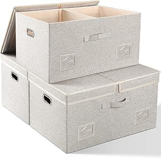 75 Quarts Extra Large Decorative Storage Bins with Lids, 3 Packs Beige Collapsible Storage Bins with Lids, Stackable Storage Bins Decorative Box Storage With Lid Extra Large