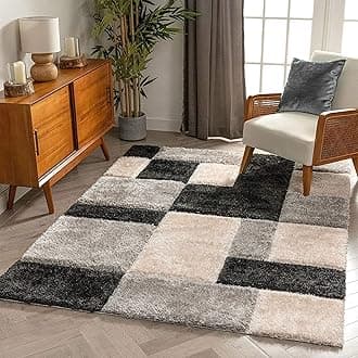 Modern Geometric 3D Textured Thick and Soft Shaggy Fur Rug & Carpet (8x8 Feet - Square Shape, Color - Black Silver Ivory)