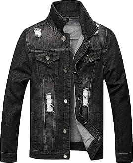 LAMKUKU Mens Denim Jacket Ripped Slim Jean Jacket Coat for Men