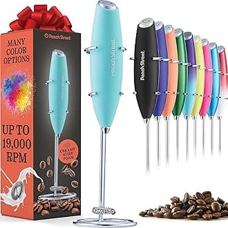 Powerful Handheld Milk Frother, Mini Milk Foamer, Battery Operated (Not included) Stainless Steel Drink Mixer with Frother Stand for Coffee, Lattes, Cappuccino, Frappe, Matcha, Hot Chocolate. (Aqua)