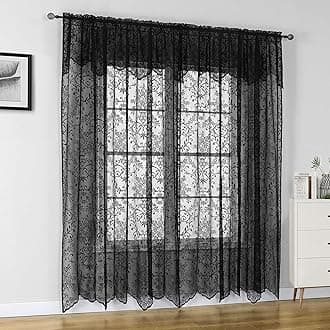 WUBODTI GothBlack Lace Curtains with Attached Valance 63 Inch Length, Victorian Vintage Black Sheer Curtain Gothic Floral Embroidered Short Curtains for Kitchen Bedroom, 60" W x 63" L