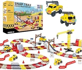 USA Toyz Snap Trax Building Set Race Track and LED Toy Cars - 251 Pack STEM Building Toys Car Race Track Set with Bendable Racing Car Track for Boys and Girls, 3 Trucks and 2 Light Up Toy Cars for