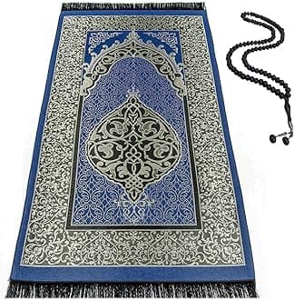 BAYKUL Muslim Prayer Rug,Islamic Turkish Prayer Rugs,Great Ramadan Gifts,Prayer Mat for Women and Men,Islam Carpet,Portable Muslims Mats,Praying Rugs Islam with Beads,Gift Prayer Beads 99 (D.Blue)