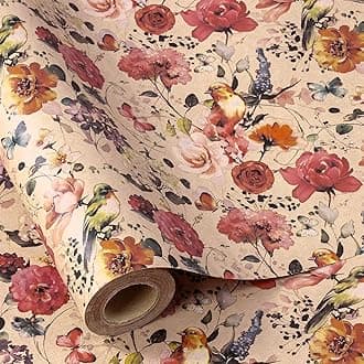 RUSPEPA Kraft Wrapping Paper Roll - Mini Roll - Blooming Flower and Bird Design Great for Birthday, Party, Baby Shower - 43.2cm x 10m