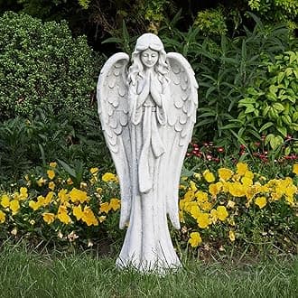TOETOL Outdoor Garden Statues Praying Angel Statue 31.1" Grave Decorations Magnesium Oxide Stone Grey Yard Patio Deck Home Entryway Hallway Sculpture