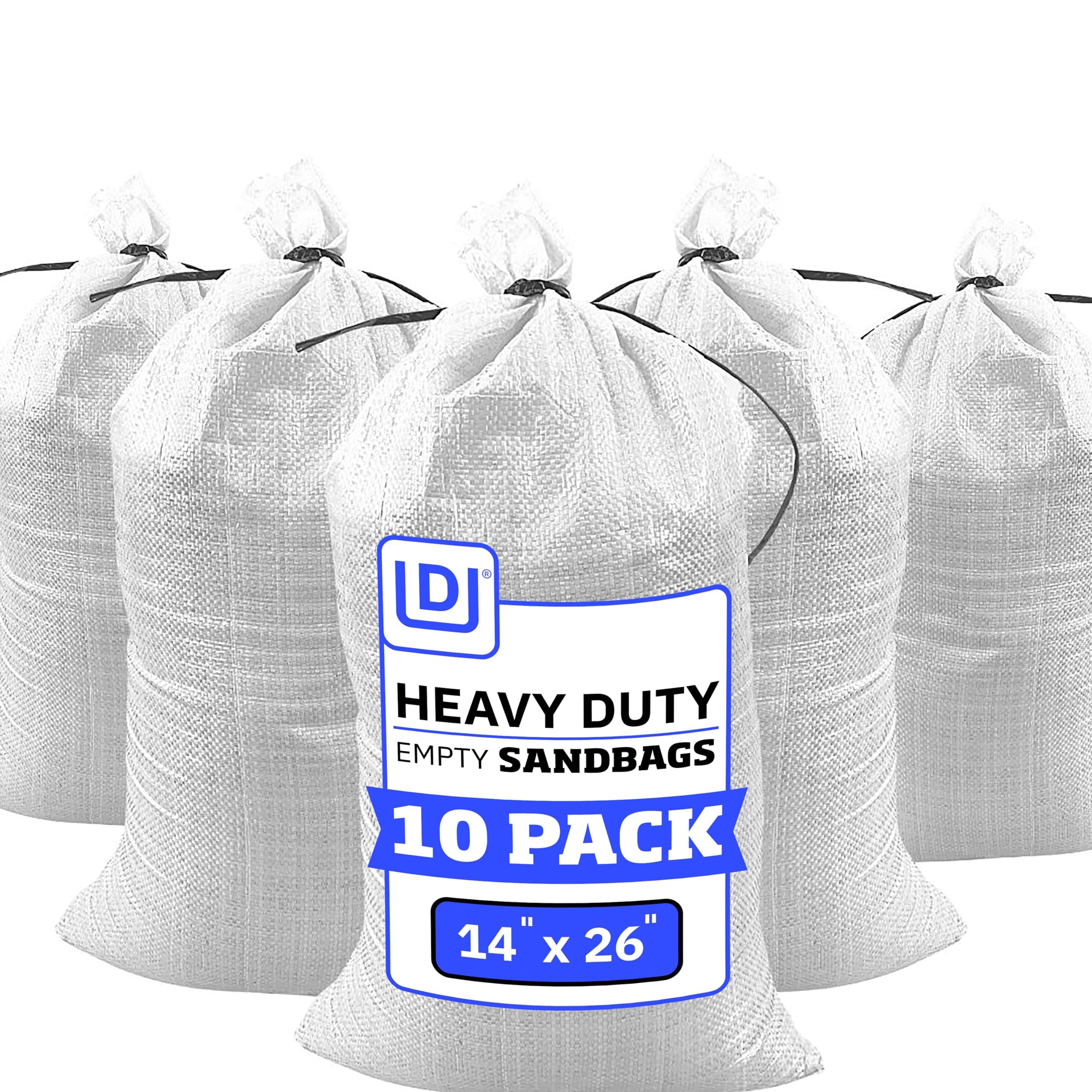 DURASACK Heavy Duty Sand Bags with Tie Strings Empty Woven Polypropylene Sand-Bags for Flood Control with 1600 Hours of UV Protection, 50 lbs Capacity, 14x26 inches, White, Pack of 10