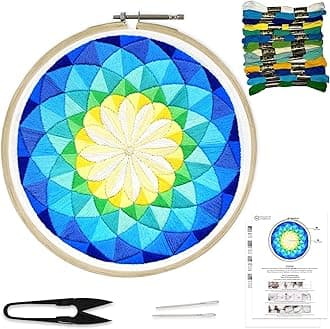 Embroiderymaterial DIY Embroidery Kit for Beginner, Adults & Kids with Blue Mandala Circle Design Digital Printed Cloth/Fabric & Written Instructions All Material Included