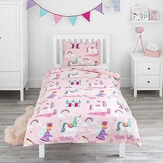 - Magic Unicorn, Fairy Princess & Enchanted Castle - Kids Bedding Set - Pink - Single Duvet Cover and Pillowcase