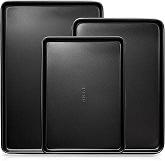 BINO Bakeware Nonstick Cookie Sheet Baking Tray Set, 3-Piece - Black | Non Stick Baking Pans Set | Carbon Steel Tray Bakeware Sets | Oven Safe Baking Set | Cookie Sheet Pans | Food-Safe Tray