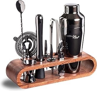 Mixology Cocktail Shaker Set - 10-Piece Cocktail Making Set - Home Bartender Kit in Bamboo Stand with Spoon, Boston Shaker, Other Tools for Drink Mixing, Martini, Mocktail - Gift Set (Black)