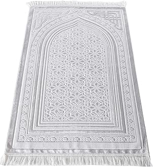 Modefa Luxury Velvet Prayer Rug with Prayer Beads | Soft Elegant Muslim Turkish Janamaz Sajada Carpet for Men and Women | Plain Solid Prayer Mat Ramadan Eid Gift - Najma (White)