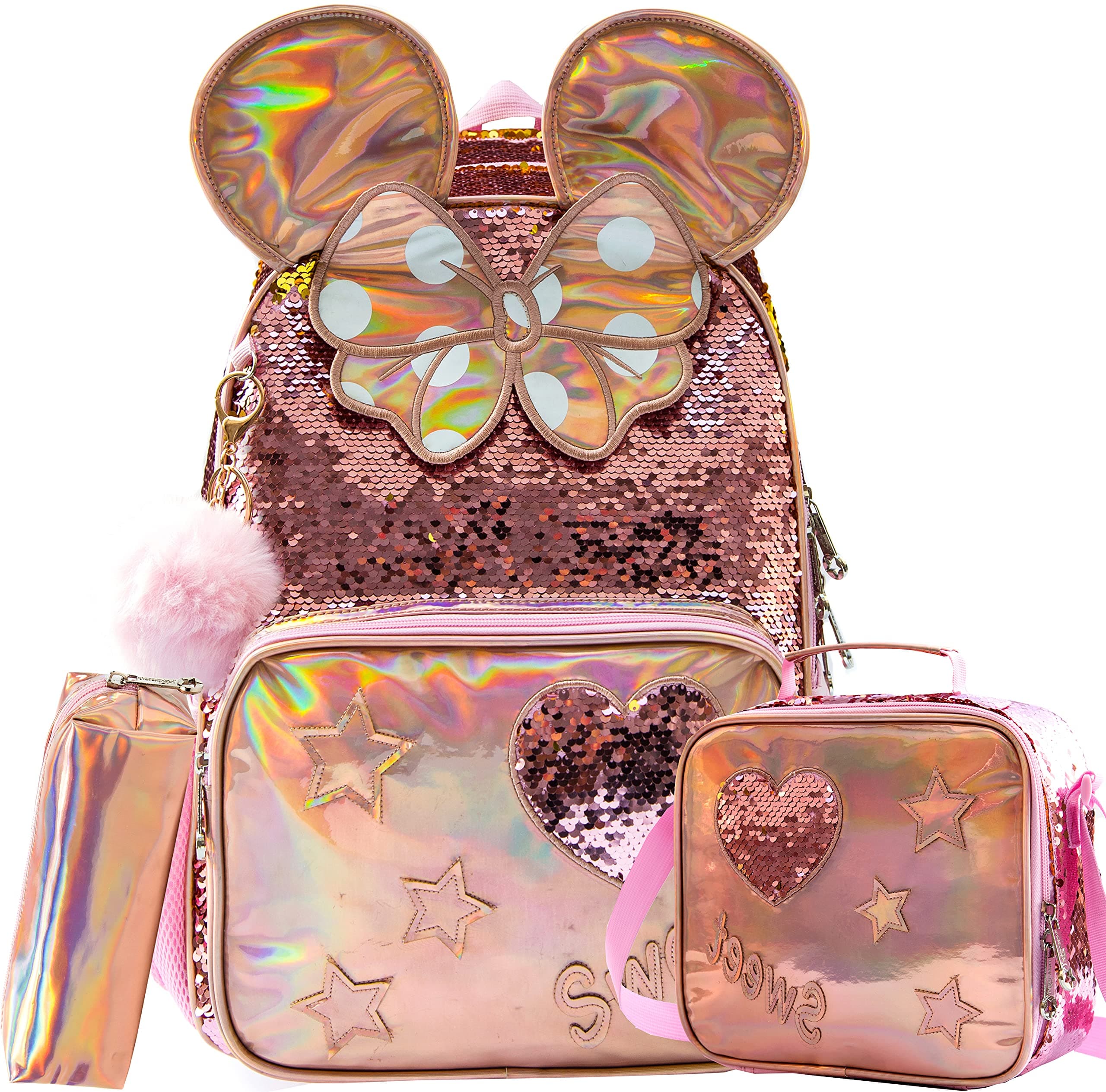 Meetbelify Girls School Backpack, 16" Sequin Backpack with Lunch Box, 17L, Soft, Zipper Closure, Casual, Decorative, Unisex, Padded Adjustable Shoulder Strap