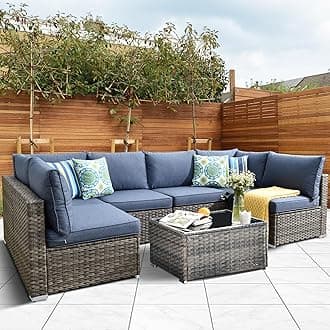 HOOOWOOO Patio Outdoor Sectional Furniture Sofa Set,7 Piece U Shaped Corner Wicker Rattan Couch Set,Rustic 6 Persons Summer Patio Conversation Set for Outside Porch Deck Garden(Denim Blue)