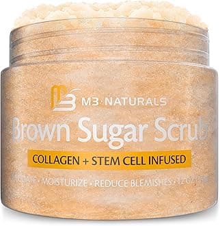 M3 Naturals Brown Sugar Scrub infused with Collagen and Stem Cell All Natural Body and Face Exfoliating Stretch Marks Spider Veins Acne Scars Anti Cellulite Exfoliator Wrinkles Skin Care
