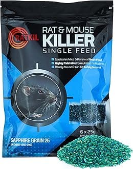 Rat Poison (6 x25g) Rat Bait & Mouse Poison Grain - Strongest Maximum Strength Rodent Killer - Fast Acting, All Weather, Single Feed Bait Sachets