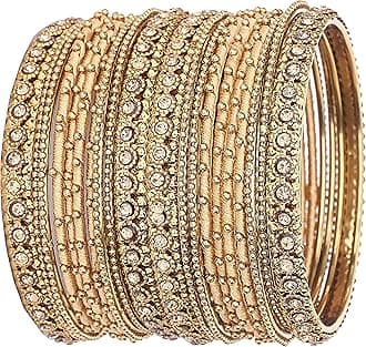 NMII Metal with Golden Zircon Gemstone & Silk Thread Studded worked Ball Chain Linked Stylish Bangle Set For Women and Girls