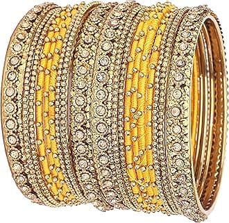 NMII Metal with Golden Zircon Gemstone & Silk Thread Studded worked Ball Chain Linked Stylish Bangle Set For Women and Girls