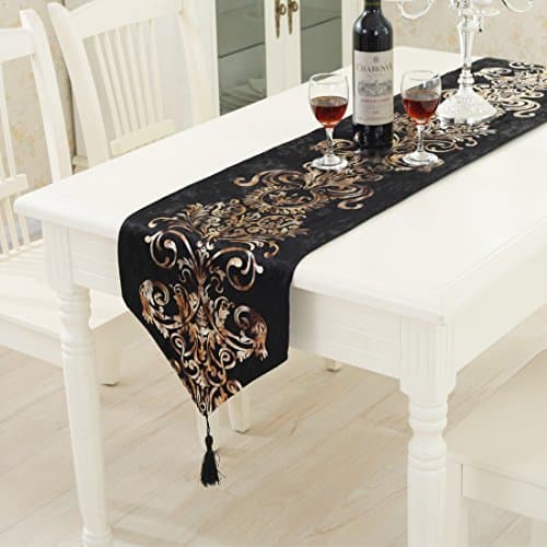 Pretty Decor Gold Floral Table Runner Pyrographic Velvet Table Runner for Wedding,Party,Dining Table,Home Decor (13" Wide x 71" Length, Black)