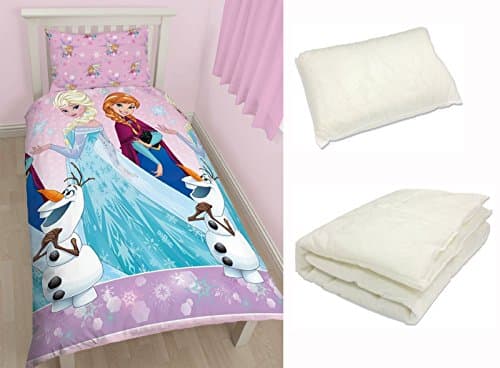 4 in 1 Childrens Bed Bundle For Junior Toddler Cot Single Duvet Bed Set Kids Bedding Set inc Quilt & Pillow (Elsa and Anna - Frozen, Single)