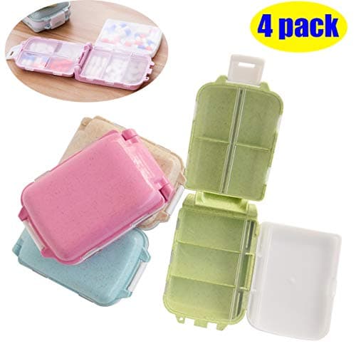 GreatforU 4 Pack 8 Compartments Pill Cases, Small Home Weekly Medicine Travel Pill Organizer Box Case for Purse Pocket, Outdoor Portable Pill Box for Vitamin Container Fish Oil Daily Use Dispenser