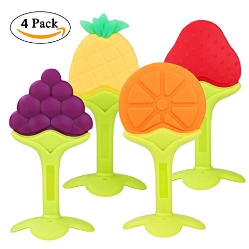 PROMENE Baby Teether Toys (4 Pack) - Soft Silicone Fruit Teething Toys Set For Toddlers & Infants, Baby Gum Massager