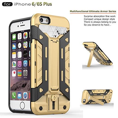 iPhone 6 6S Plus Case, Rugged Shockproof Dropproof Dual Layer Buffer Absorb Eliminate Tough Bumper Hybrid Armor Cover,Defender Kickstand Ultra Thin Self Stand Bracket for iPhone 5.5 inch-gold