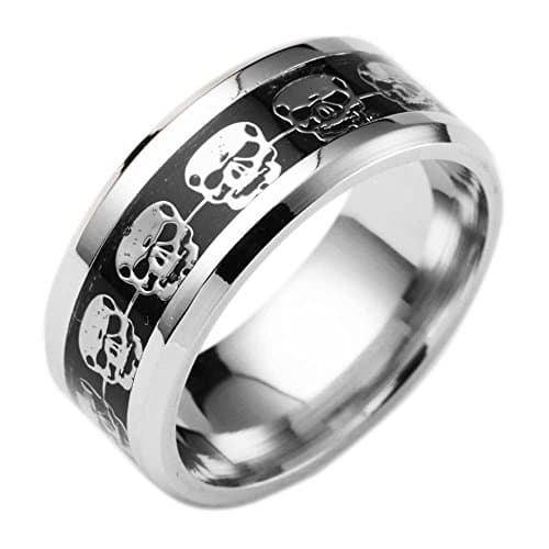 Rosemes 8mm Titanium Wedding Band for Men with Skull Pattern Beveled Edges Stainless Steel Rings Sizes 6-13 9 Black Silver