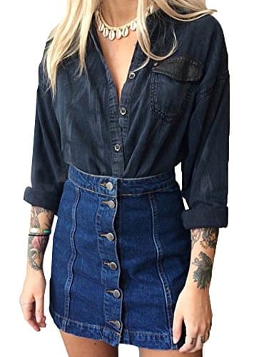 Women's High Waist Single-Breasted Blue Vintage Button A Line Denim Jean Skirt