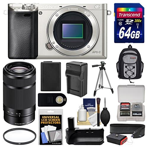 Sony Alpha A6000 Wi-Fi Digital Camera Body (Silver) with 55-210mm Lens + 64GB Card + Backpack + Battery & Charger + Grip + Tripod + Filter Kit
