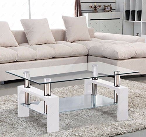 Rectangular Glass Coffee Table Shelf Chrome White Wood Living Room