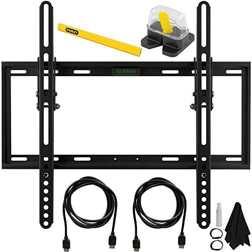 Deco Mount Flat & Tilt Wall Mount Complete Hook-Up Bundle for 32-60 inch TVs Includes Mount w/ Built-in Leveler, Carpentry Pencil, Magnetic Stud Finder, Two HDMI Cables, Screen Cleaning kit, and More