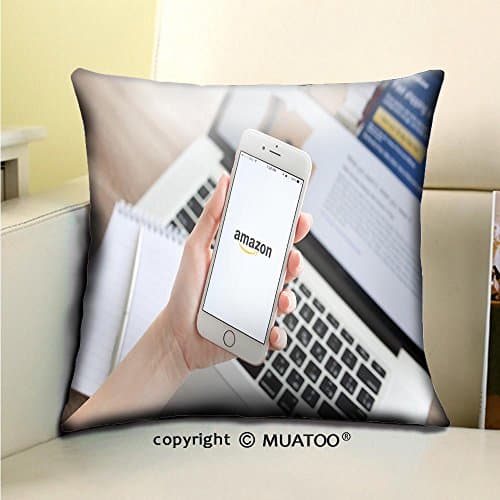 PleayeL Soft Canvas Throw Pillow Covers Cases for Couch Sofa -alushta russia november woman holding a iphone s rose gold with service amazon on the Print 18" x 18"(45 x 45 cm)