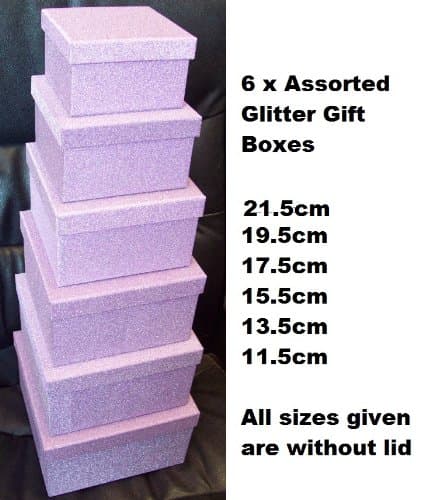 Set of 6 Assorted Square Glitter Gift Boxes with Lid - Lilac with Silver Glitter