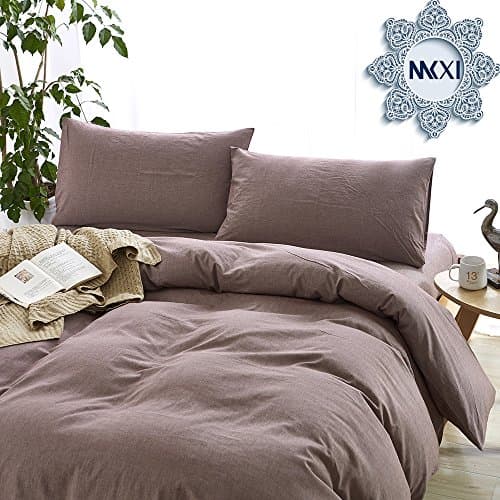 MKXI Solid Brown Elegant Bedding 100-Percent Natural Washed Cotton Duvet Cover Set, Ultra Soft and Easy Care, Fade Resistant,Queen