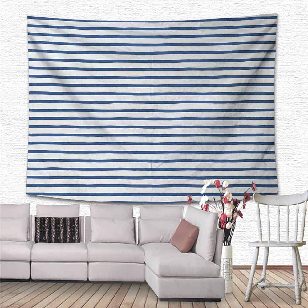 Harbour Stripe Tapestry Wall Hanging, Horizontal Nautical Stripes Pattern Hand Drawn Marine Sea Illustration Wall Tapestry Home Decorations for Living Room Bedroom Dorm Decor, 90"x60",Night Blue White