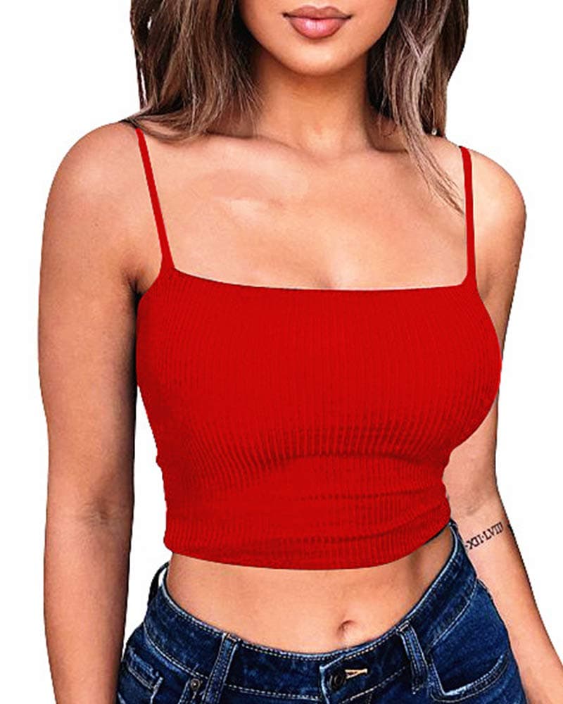 Women's Sexy Crop Top Stretch Spaghetti Strap Ribbed Knitted Basic Cami