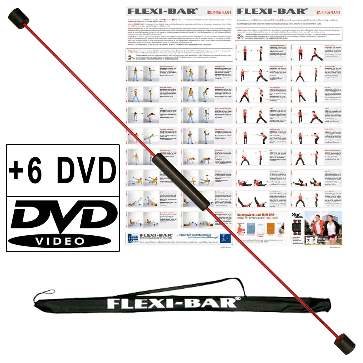 Original Ergo Base 2016 Flexi Bar Set with 6 Uebungs DVD & Bag Black and Training Plan