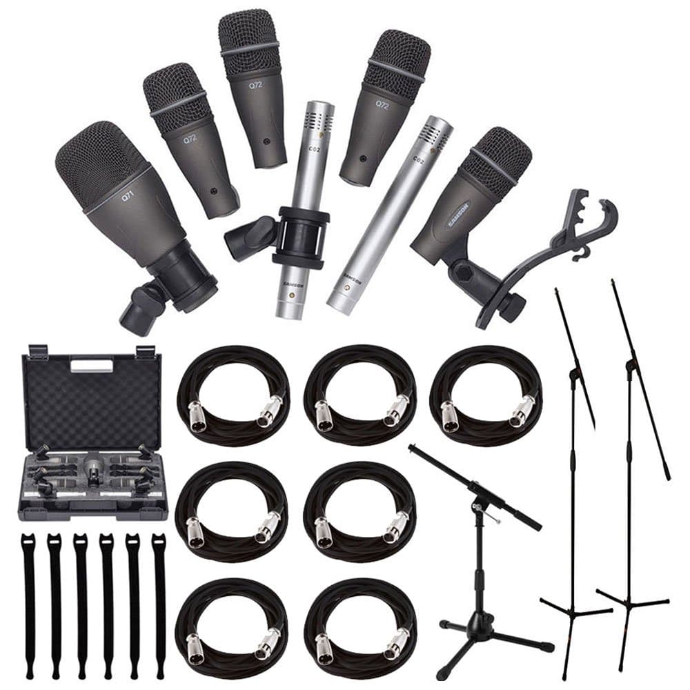 Samson DK707 7-Piece Drum Microphone Kit + Tripod Base Mic Boom Stand + Ultimate Low-Level Tripod Mic Stand + 7 XLR Mic Cables 20 ft.+ Strapeez, Black - Ultimate Accessory Bundle