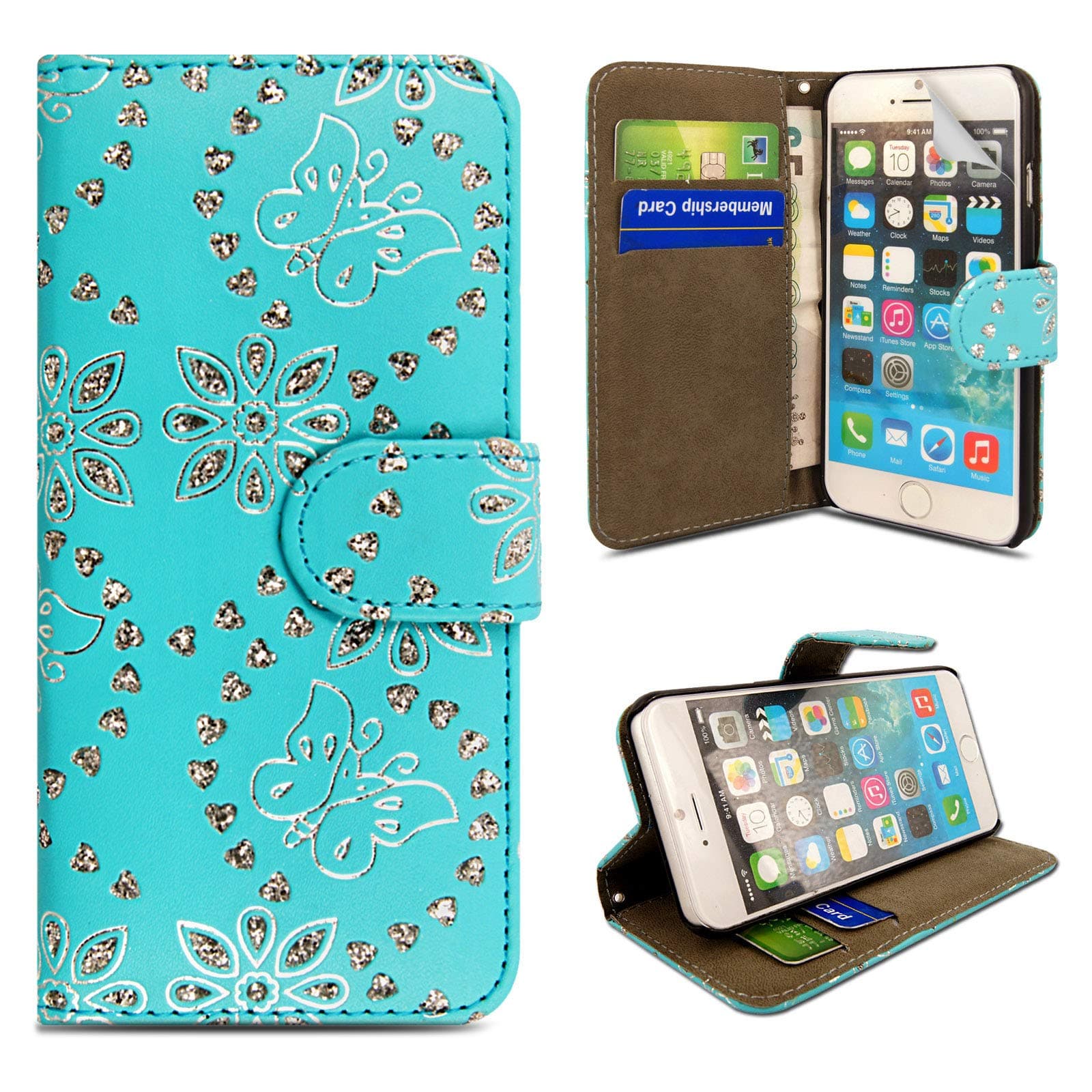 for iPhone 6 / 6S Case, Glitter Leather Wallet Flip Case Cover with Screen Protector for Apple iPhone 6S / iPhone 6 (Butterfly Skyblue Diamond)