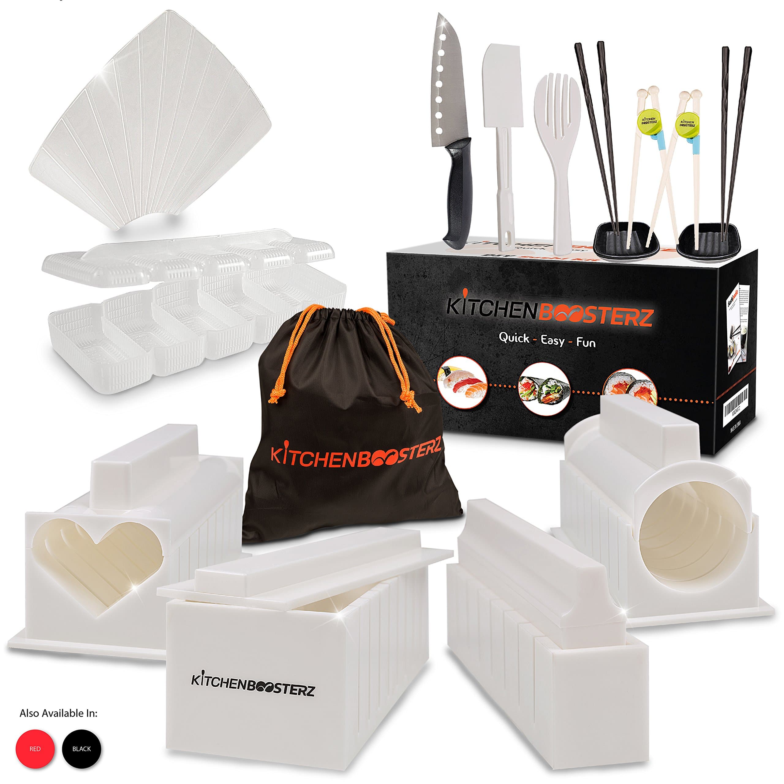 Sushi Making Kit - DIY Beginner Set - 10 Shape Molds, 3 Types - Maki rolls, Temaki, Nigiri, Knife, Spatula, Chopsticks, Sauce Dishes, Storage Bag & Sushi Maker Guide Book - White - by KitchenBoosterz