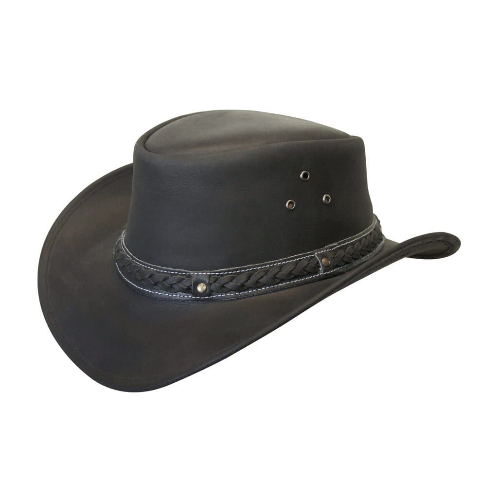 COV-VER Crushable Black Leather Australian Hat Medium