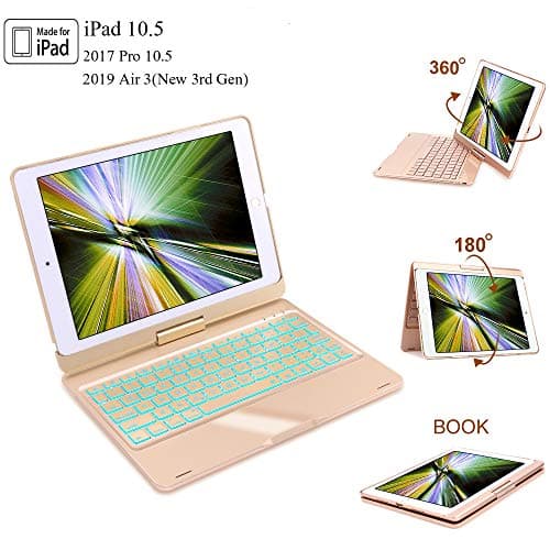 iPad 10.5 Keyboard Case for iPad Pro 10.5 2017, New iPad Air 3rd Gen 2019,360° Rotatable, 7 Color Backlits Wireless Bluetooth Keyboard, Auto Sleep/Wake, iPad Keyboard with Case 10.5 Inch, Gold