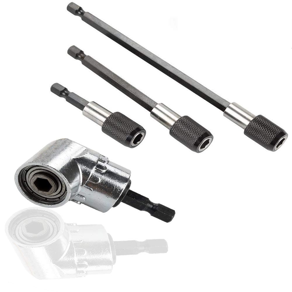 105 Degree Right Angle Extension Magnetic Driver Power Screwdriver Drill Bit Attachment 1/4" Hex Socket Adapter + 3Pcs 1/4" Hex Shank Quick Release Extension Screwdriver Bit Holder - 60mm/100mm/150mm