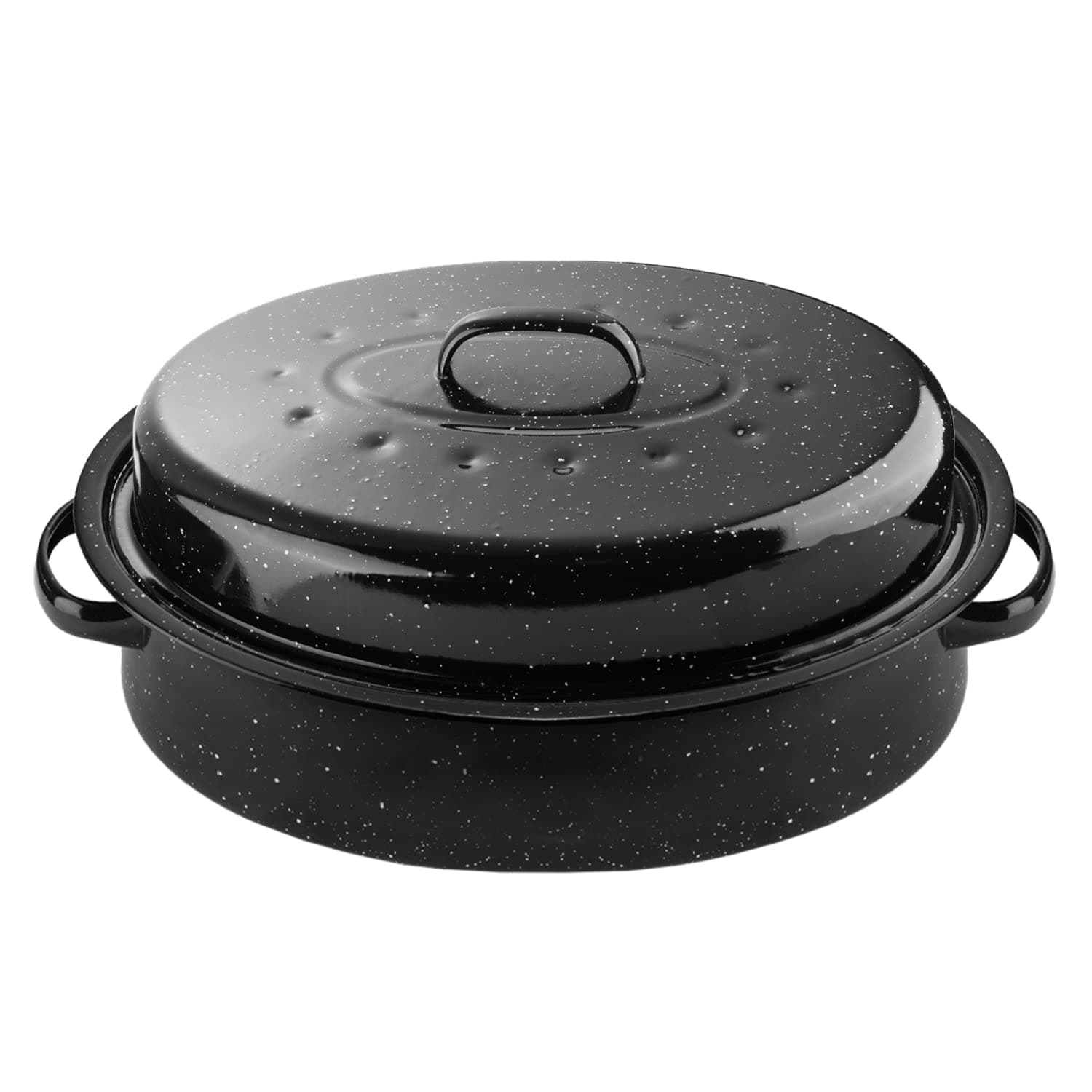 16Inch Roasting Pan, Enamel on Steel, Black Covered Oval Roaster Pan with Lid, Medium Cookware for Turkey, Small Chicken, Roast Baking Pan.