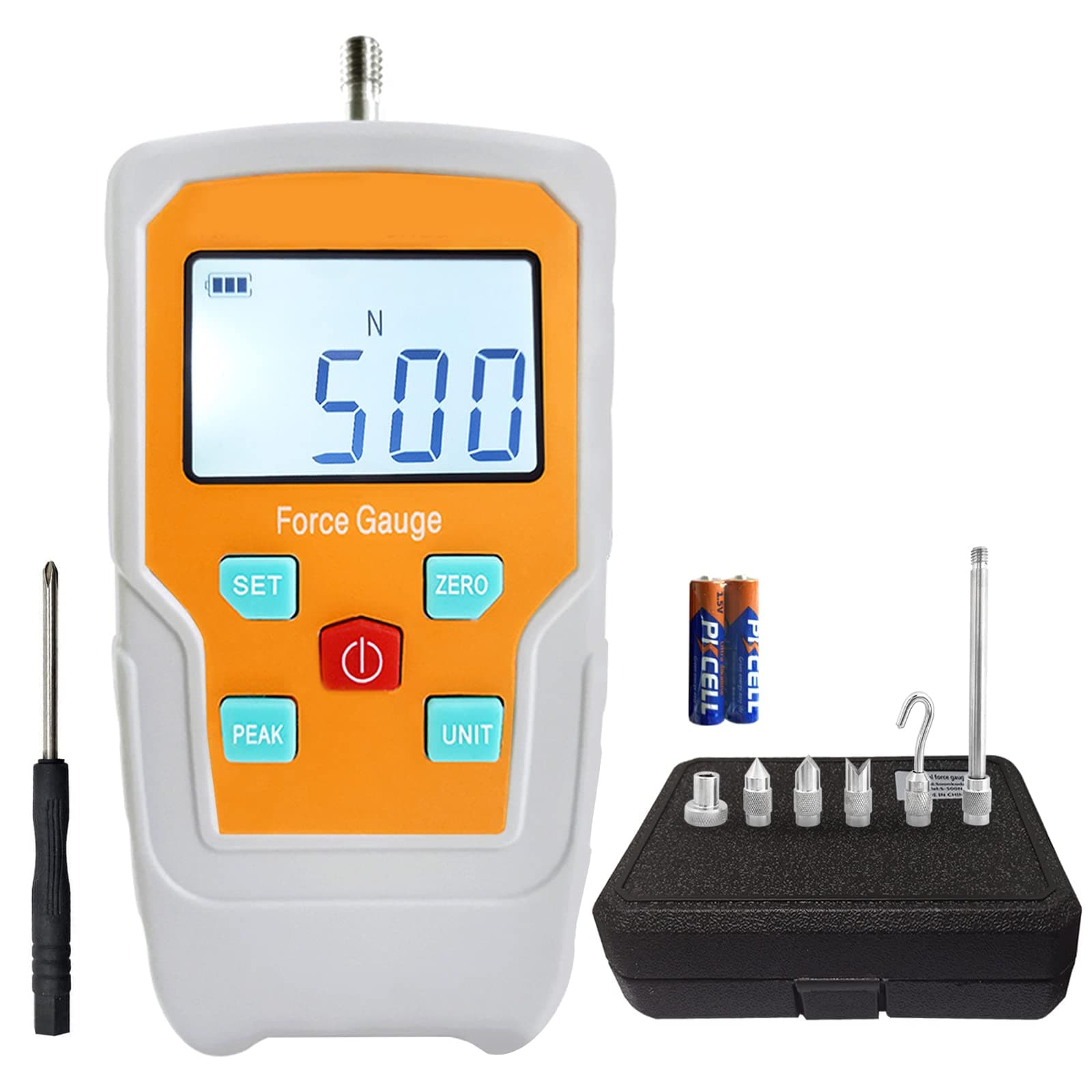 Digital Electronic Pull Gauge Tester 110LB/500N Force Gauge Push-Pull Meter Tension Compression Pressure Testing Thrust Meter Peak Mode with 6 Kinds of Probe and Extension Rod (110LB 500N)