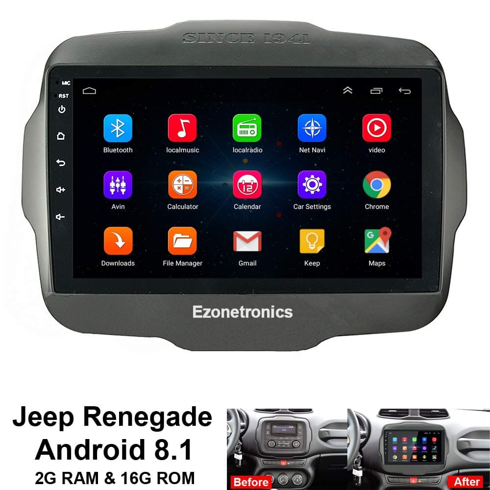 EZoneTronics Android 8.1 Doule Din Car Stereo GPS Multimedia Head Unit for Jeep Renegade Accessories 2015 2016 2017 with Bluetooth WiFi Mirror Link