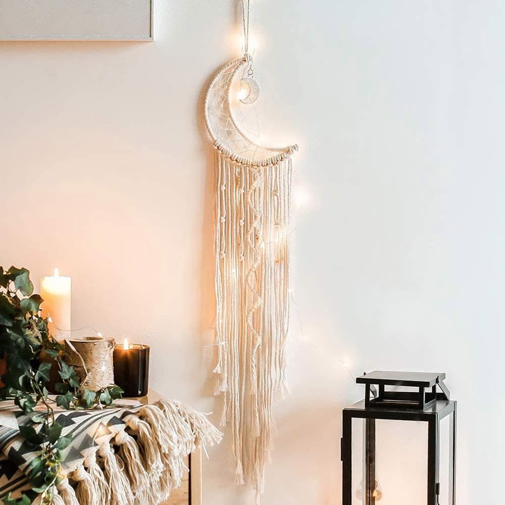Macrame Wall Hanging with LED Light,Moon Dream Catcher Woven Tapestry Bohemian Home Decor Wedding Party Ornaments Craft Gifts Ramadan Decorations for Home