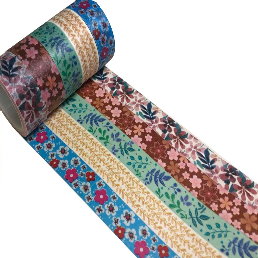 Meiwash Decorative Washi Tape Set Adhesive Multi-Pattern Washi Masking Tape Scrapbooking and Bullet Journaling Tape Decoration for DIY Gifts Arts and Crafts (Flowers & Leaves,Pack of 5)