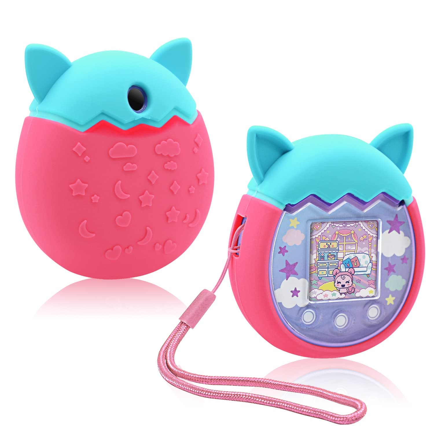 Silicone Case for Tamagotchi Pix Virtual Pet Game Machine, Protective Cover for Tamagotchi Pix Sleeve Protector Skin with Hand Strap (Turquoise+Pink)
