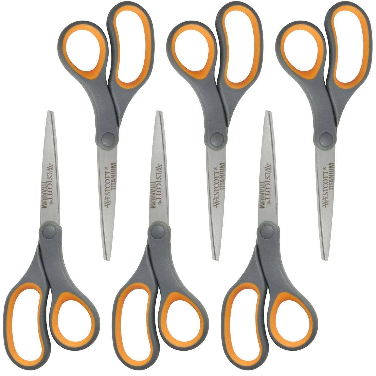 Westcott Titanium Bonded Scissors, Soft Handle, 8", Straight, Gray/Yellow, 6-Pack